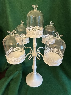 Glass Cloche Display Domes 5 Arm White Metal Stand Cupcake Holder Cottage Core