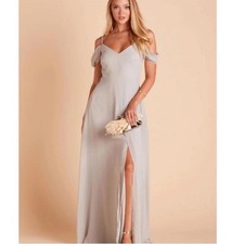 Birdy Grey Dove Gray Bridesmaid Maxi Dress XS Off Shoulder Slit NWT