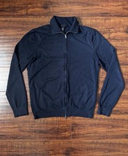 H M Slim Fit Full Zip Collared Knit Sweater Navy Blue Long Sleeve Men's Size M