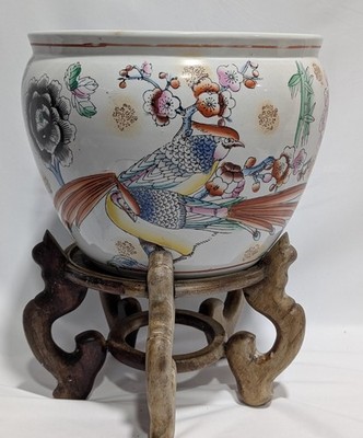 Vintage Koi Fish Bird Jardiniere planter With Stand Made In China