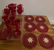 25 Vtg 1960s Clear Red Plastic Christmas Toy Children s Tea Set Play Dishes Cups