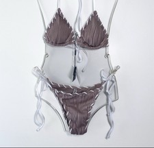 Zaful Beige White Contrast Whipstitch Textured Two Piece Bikini Swim Set S/4 NWT