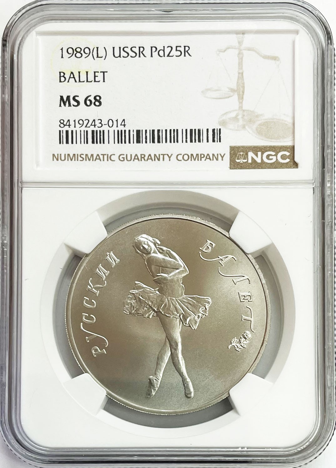 1989 (L) PALLADIUM 25R BALLET BALLERINA 1 OZ COIN NGC MINT STATE 68