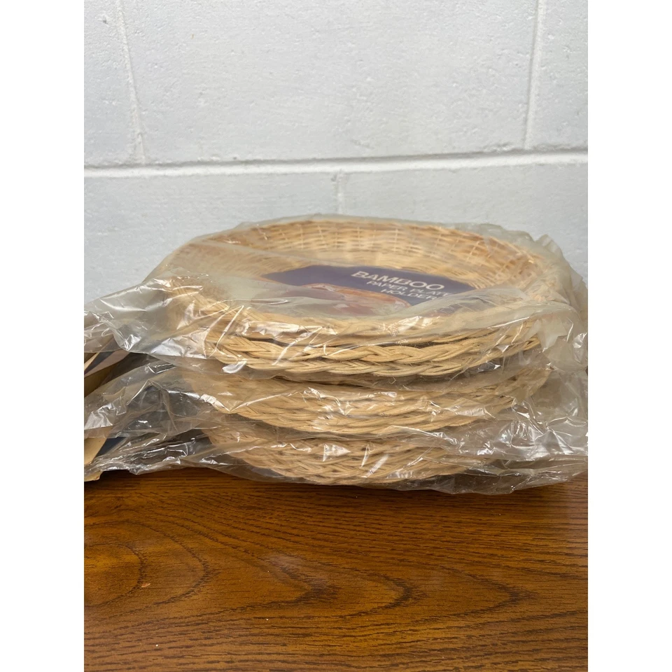 12 Bamboo Paper Plate Holders Wicker Rattan Reusable Barbecue Picnic Party NOS - Image 2 of 4