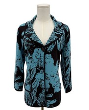 Chico s Silk Blend Cardigan Jacket Sz 2 L Blue Brown Floral Calm Daze 3/4 Sleeve