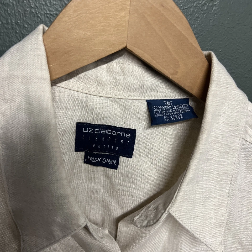 Liz Claiborne LizSport 爱尔兰亚麻小号米色长袖 100% 亚麻 — 第 2/4 张图片