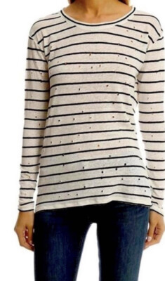 IRO Jeans Sepia Sz S 100% Linen Distressed Holes Gold Striped Long Sleeve Shirt