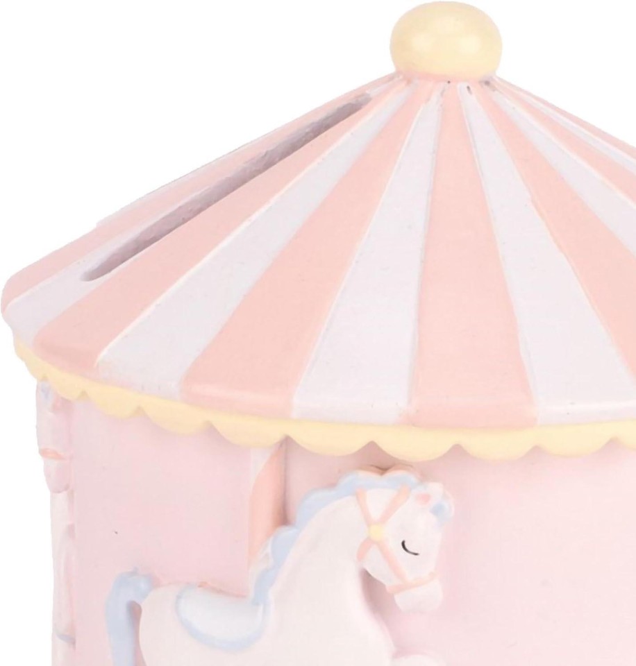 Carousel Money Box Piggy Bank Pink Resin Hello Baby Nursery Gift