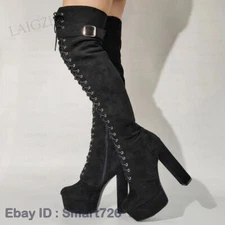 Women Over Knee High Boots Platform Faux Suede Thick High Heels Boots Handmade