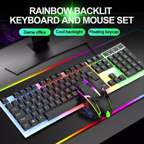 Wired Gaming Keyboard and Mouse Set RGB LED Rainbow Backlit for Computer Desktop - Picture 2 of 15