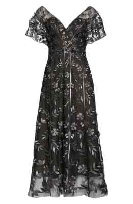 Lela Rose Flutter Sleeve Vine Embroidered Tulle Dress Size US