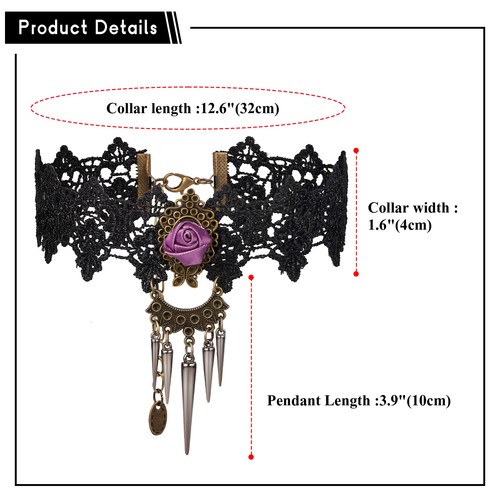 Goth Black Lace Necklace Collar Choker Halloween Floral Long Spike Charm Vampire - Bild 3 von 6