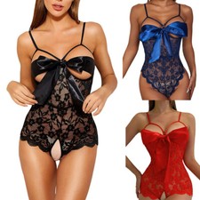 Women's Open Crotchless Teddy Lingerie One Piece Floral Lace Bodysuit Babydoll