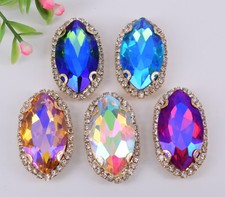 20 pcs Sew On Crystal Rhinestone Faceted Glass Color AB Navette Jewels Button