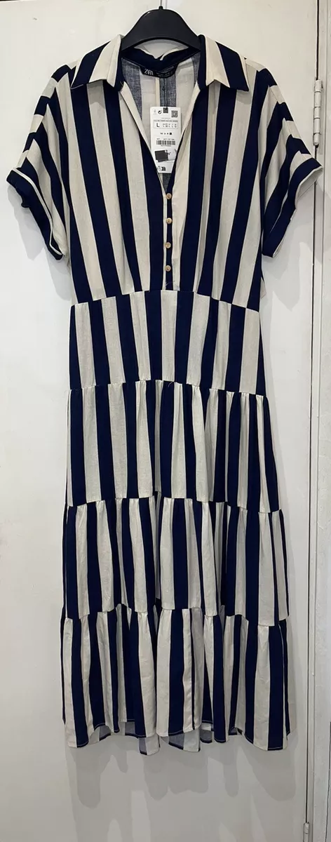 ZARA NAVY WHITE STRIPED LINEN BLEND JOHNNY COLLAR RUFFLE HEM DRESS