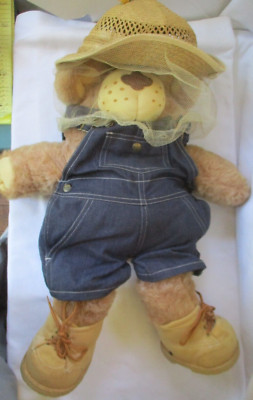 VINTAGE COLECO FURSKINS BOONE HONEY BEE KEEPER LARGE PLUSH BEAR W/DENIM OVERALLS