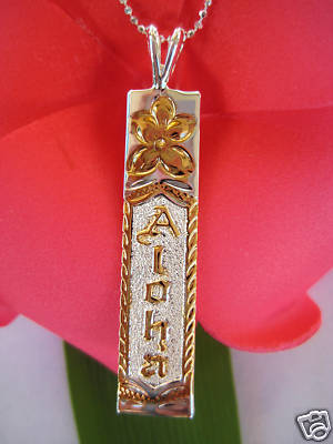 Hawaiian Jewelry 925K Sterling Silver Aloha Tag Pendant Necklace Aloha SP10304