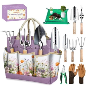 HeavyDuty 9Piece Gardening Tools Set with Tote Bag and Repotting Mat