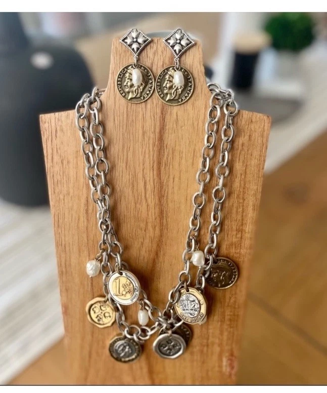 COLLAR Y PENDIENTES PATRICIA NASH DOBLE TONO IMITACIÓN PERLA MONEDA ENCANTO CADENA ESLABÓN