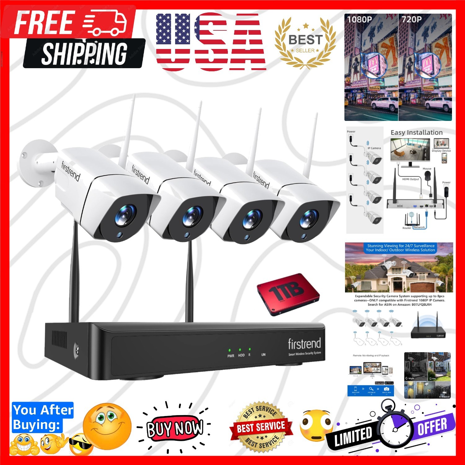 Wireless Security Camera System 1080P 8CH NVR with 4pcs 2MP 