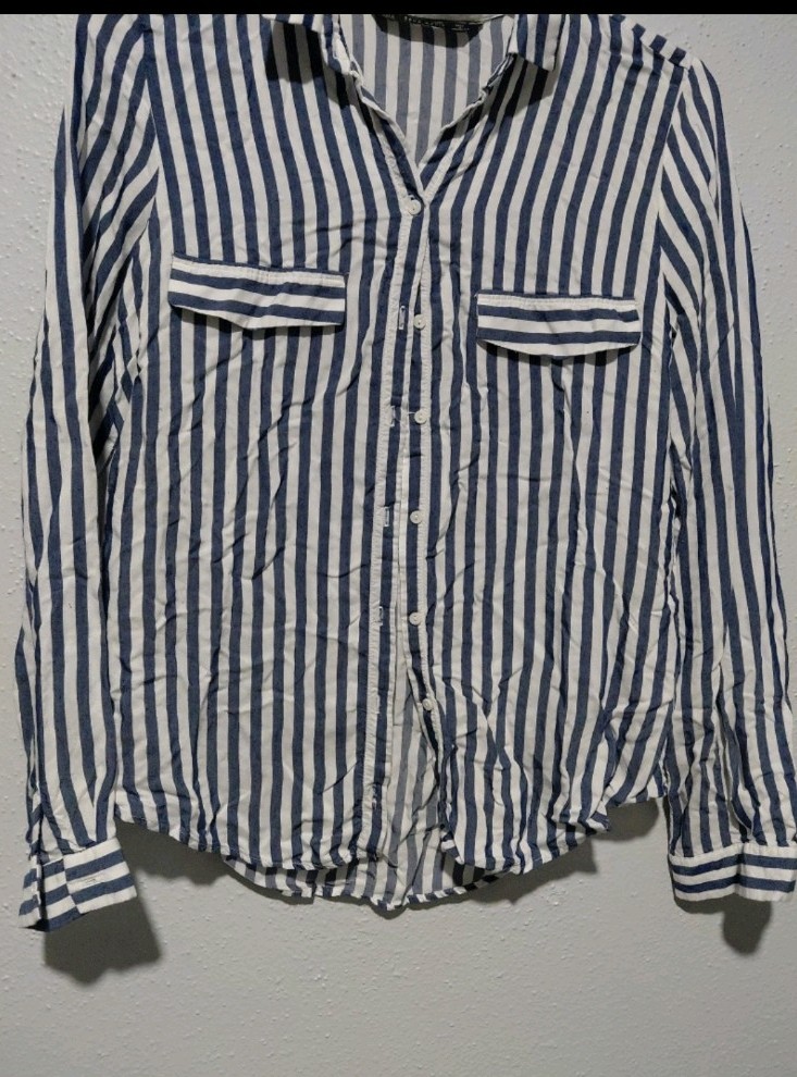 Zara Basic Blue White Striped Cotton Button Colla… - image 1