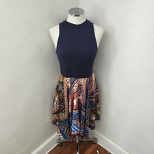 Venus Womens Navy Blue Mock Neck Paisley Print Handkerchief Hem Dress Medium