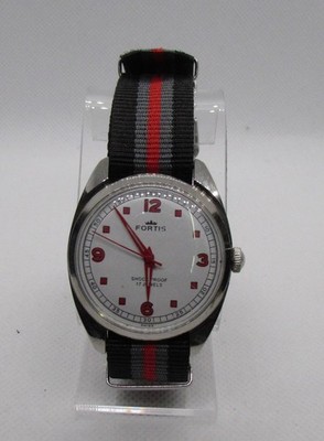 Swiss Fortis Canvas Band 17 Jewels Mens Manual Red Markers 36mm