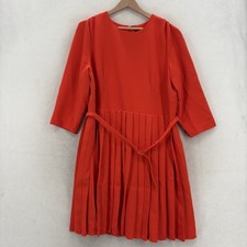 Ann Taylor Dress Womens 18 Orange Fit Flare Pleated 3/4 Sleeve Belted Knee Work