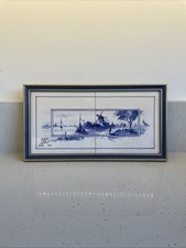Vintage Delft Blue Tile Man Walking By Riverside With Windmill Framed Art