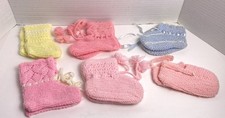 Vintage Handmade Baby Booties Knitted Crochet, Lot Of 6 Pairs Pink, Blue, Yellow