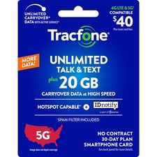 Tracfone 40 Unlimited Talk  Text, 20 GB of Data / 30 Days Physical Card 