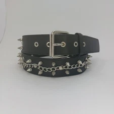 Studded Black Leather Spiked Belt with Chain Metal Buckle Heavy Unbranded 42"