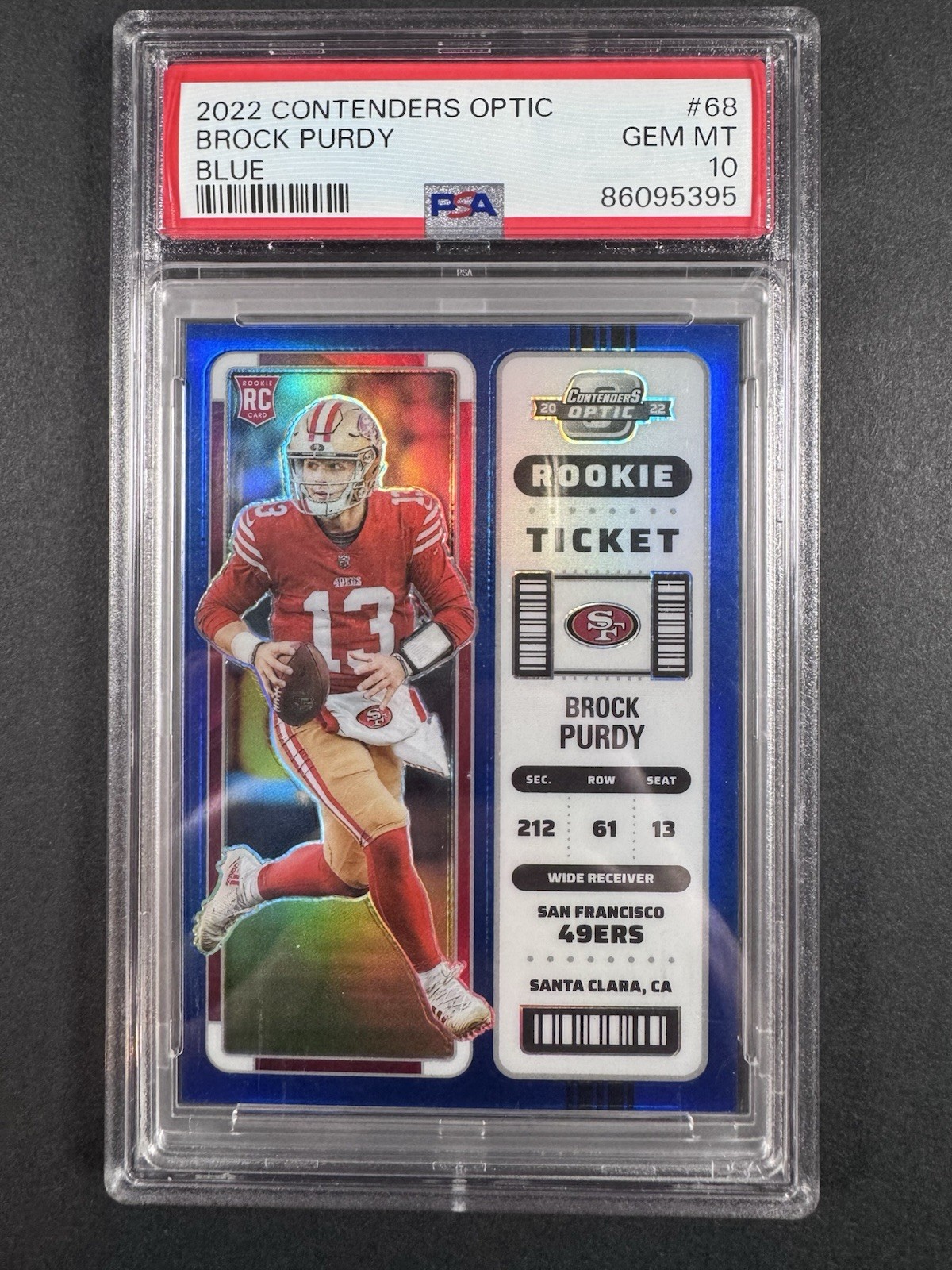 Panini 2022 Contenders Optic Brock Purdy Rookie Ticket Blue Prizm /99 #68 PSA 10