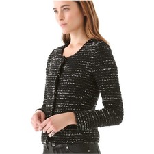 IRO Molly Tweed Boucle Jacket Snap Up Collarless Wool Blend Noir Black size 0