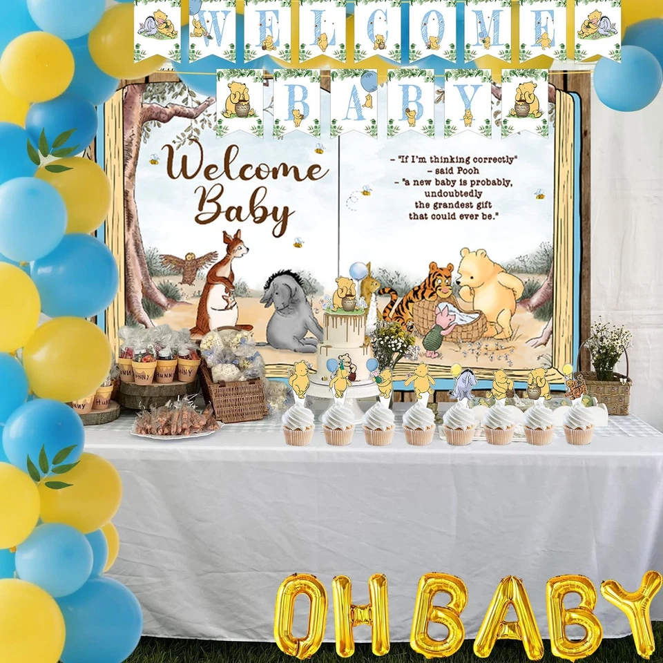 Decorações Winnie The Pooh azul e amarelo para chá de bebê balão pano de fundo menino - Imagem 3 de 4