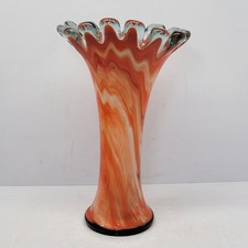 Vintage MCM Murano Style Orange White  Black Stretched Glass Vase 11 "H