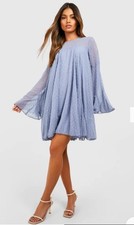 NWT Boohoo Dobby Mesh Pleated Detail Smock Dress Blue 12 Romantic Babydoll Dress