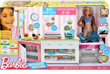 Barbie Kitchen Playset w/ Doll, Lights  Sounds, Food Molds, Dough, accessories