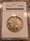 1942  ANACS MS61 Walking Liberty Silver Half Dollar Soapbox Small Old Holder