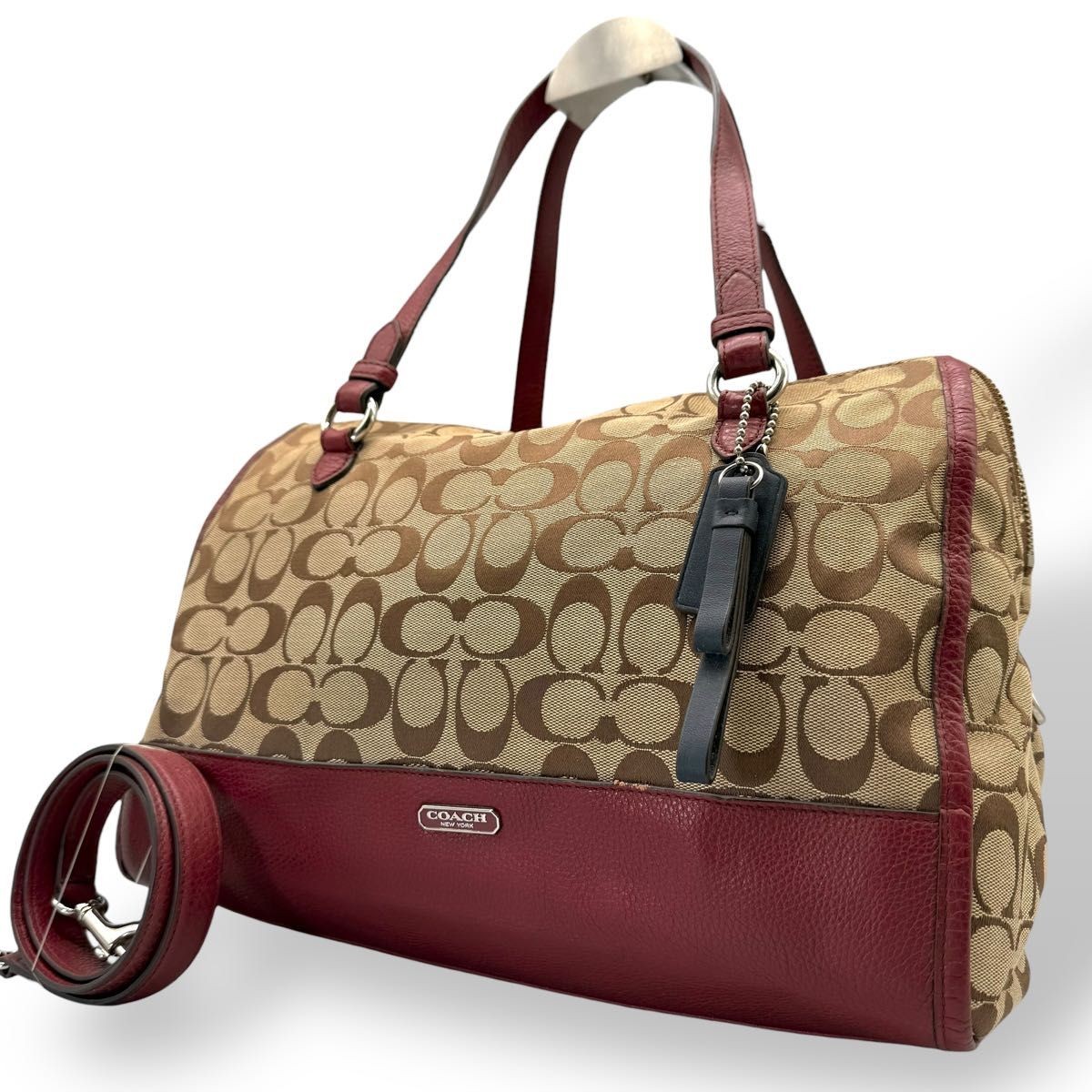 COACH Signature 2Way Tote Shoulder Bag Burgundy Canvas Leather