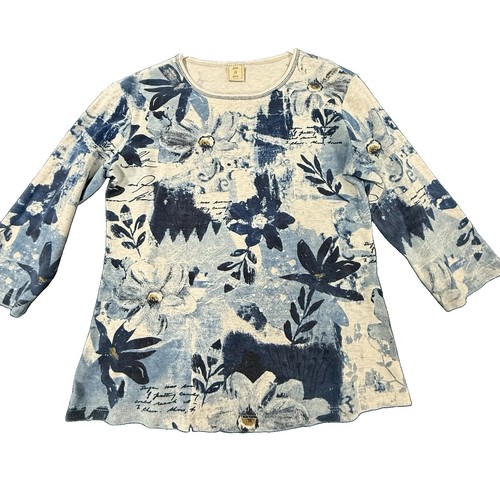Jess & Jane USA Blue Floral & Script Print Art-to-Wear Top Size S USA Made