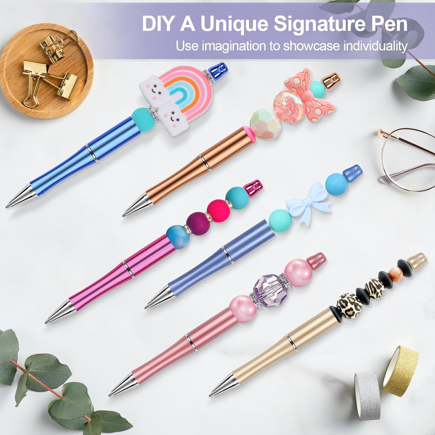 15 PCS Beadable Pens, Beadable Pens Bulk Colored Plastic, Black Ink Beaded Pens