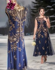 Joanna hope Navy blue Gold beaded lace mother wedding evening gatsby dress 20 22