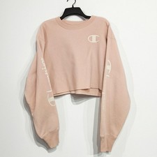 Champion L Reverse Weave Cropped Crew Neck Sweatshirt Powder Pink Ribbed Sides