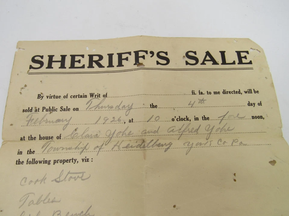 1926 Sheriff's Sale Flyer Heidelburg TWP York County PA Ephemera Fair Condition - Image 2 of 4