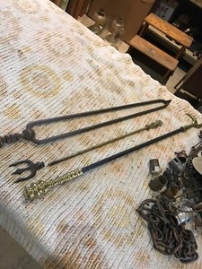 Three Pieces Antique Fireplace Tools Poker Tong Fork Ebay