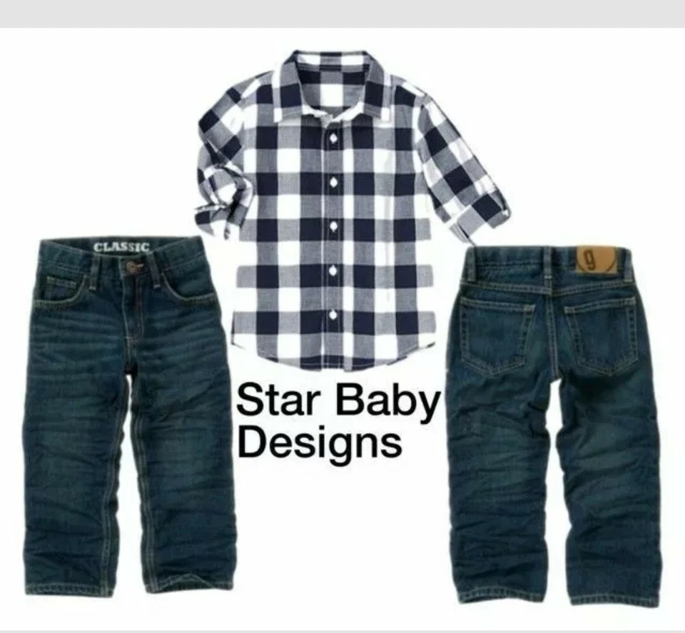 NUEVO CON ETIQUETAS Gymboree CABINA DE ESQUÍ Conjunto Camisa Azul a Cuadros, Jeans, Cintura Ajustable, Talla 12 Foto 2 de 4