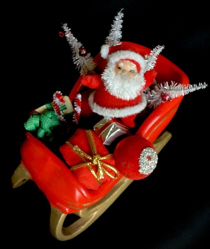 Vintage Santa Claus In Sled White Bottle Bush Tree Packages - Picture 2 of 5