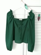 Topshop ladies dark green long-sleeved polka dot blouse, Size 8.