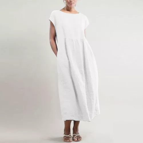 Camicia abito bohémien donna casual estate cotone lino tasca abito MIDI sciolto - Foto 13 di 20